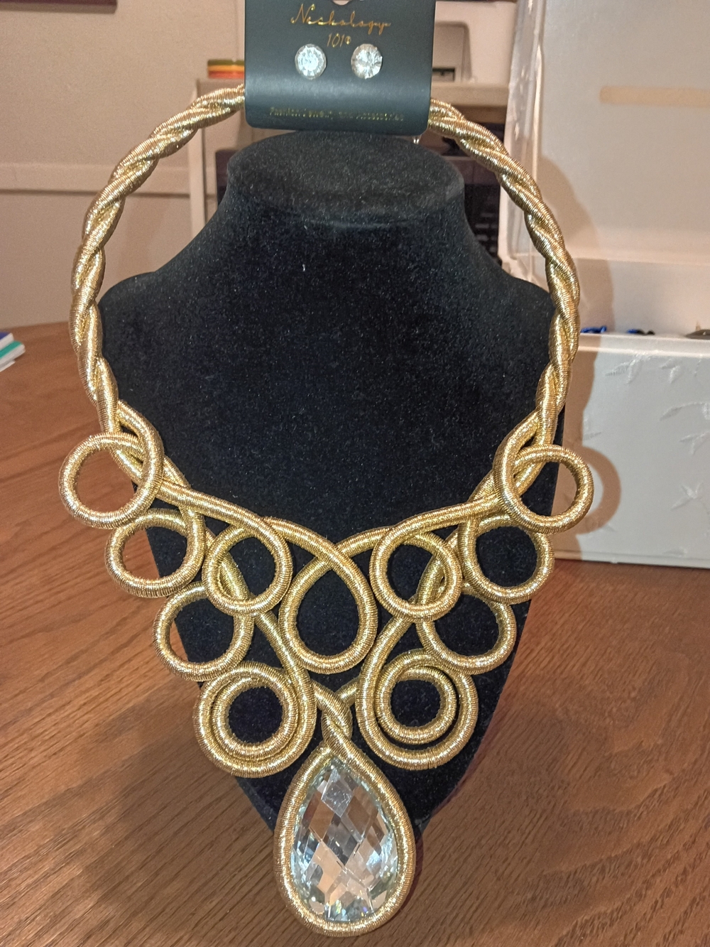 Gold Statement Necklace with Clear Teardrop Pendant